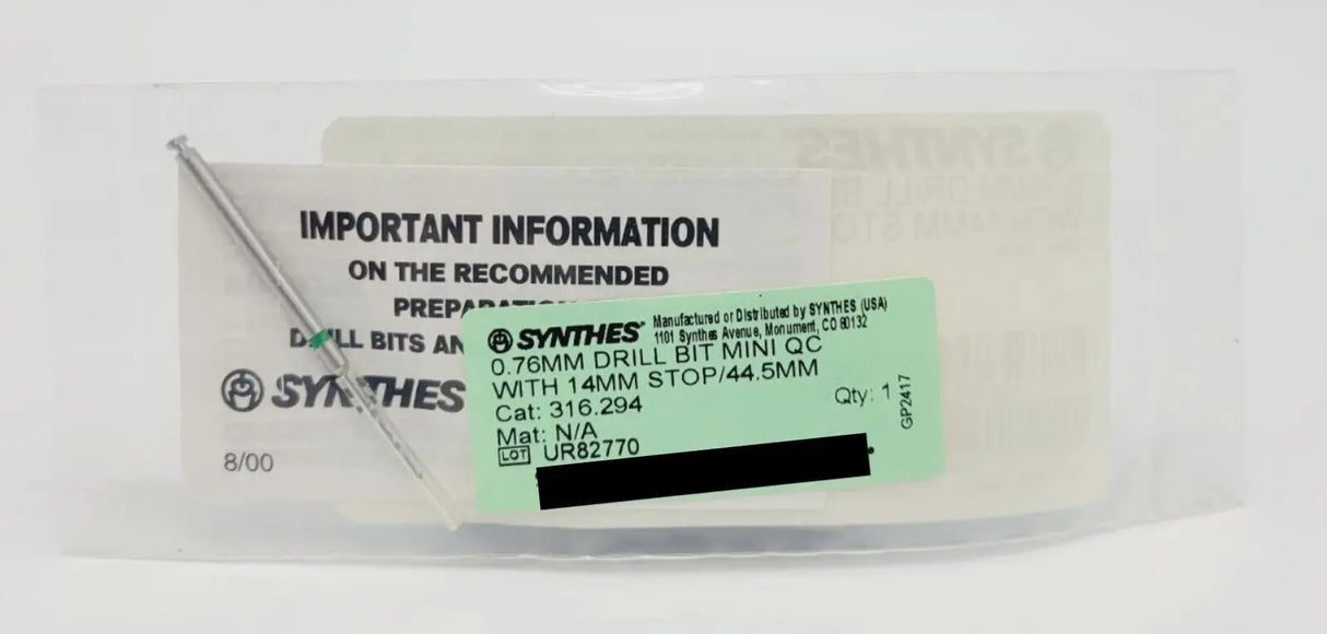 Synthes 316.294 Drill Bit Mini Quick Connect w/ 14mm Stop 44.5mm New Synthes