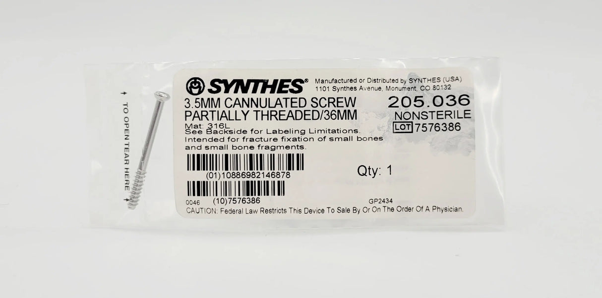 Synthes 205.036 3.5mm Cannulated Screw Partially Threaded/36mm Synthes