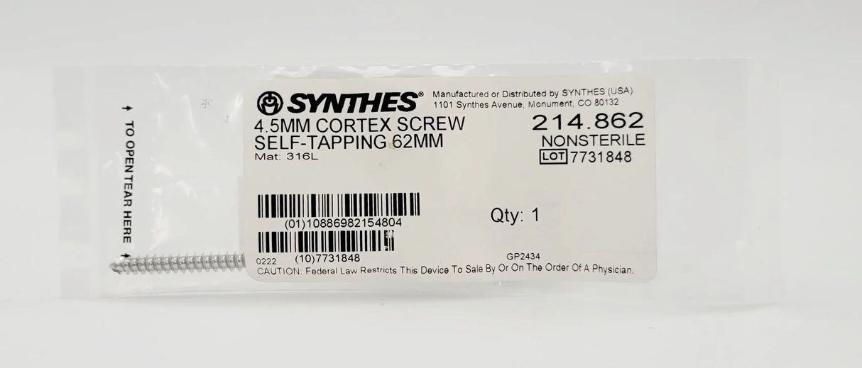Synthes 214.862 4.5mm Cortex Screw Self-tapping 62mm Synthes