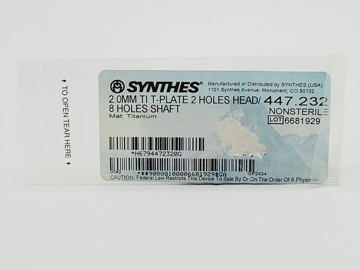 Synthes 447.232 2.0mm TI T-Plate 2 Holes Head/ 8 Holes Shaft Synthes
