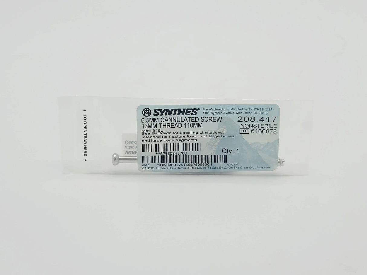 Synthes 208.417 6.5mm Cannulated Screw 16mm Thread 110mm Synthes