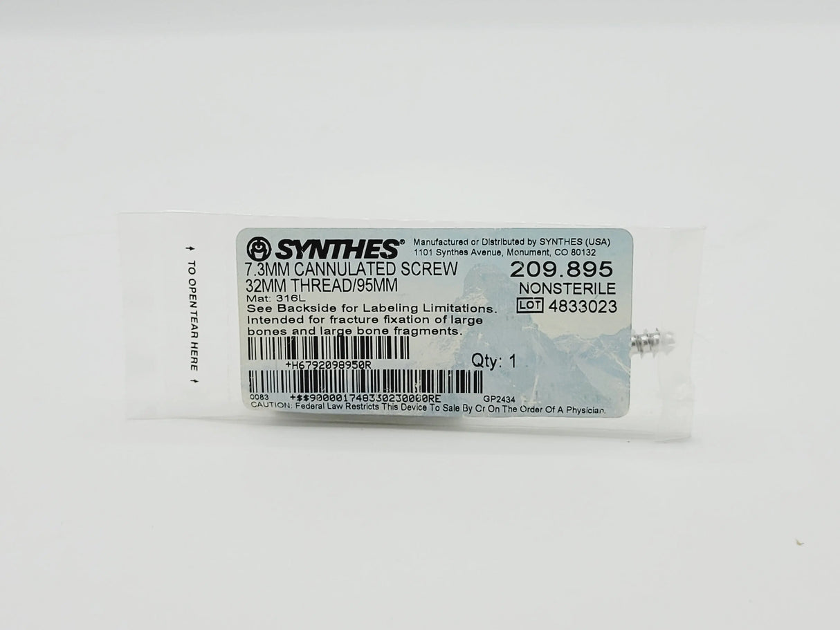 Synthes 209.895 7.3mm Cannulated Screw 32mm Thread/95mm Synthes