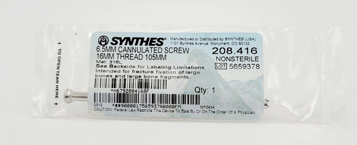 Synthes 208.416 6.5MM CANNULATED SCREW 16MM THREAD 105MM Synthes