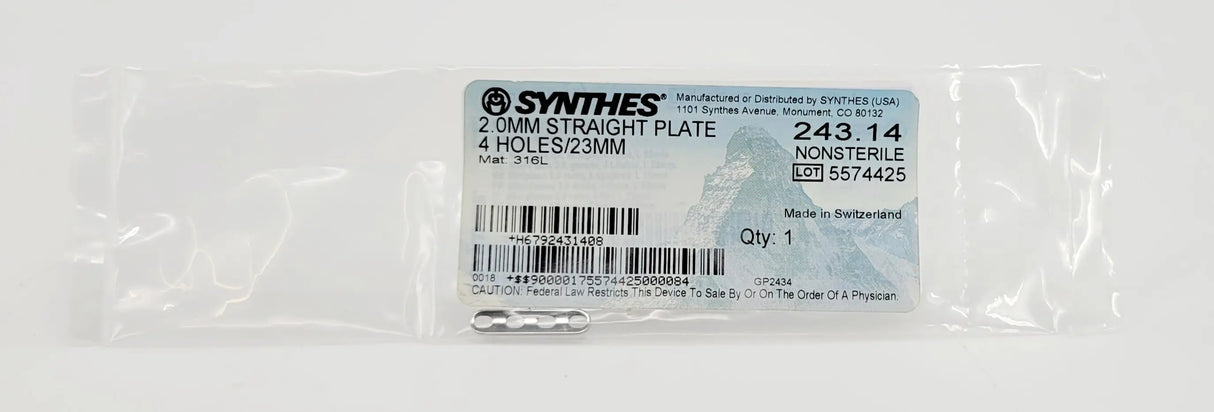 Synthes 243.14 2.0MM STRAIGHT PLATE 4 HOLES/23MM Synthes