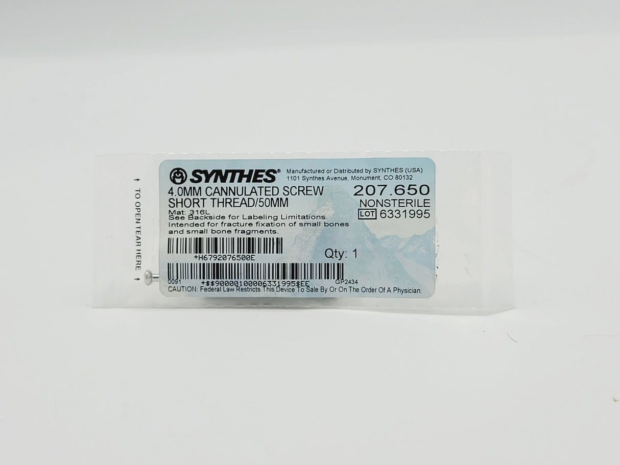 Synthes 207.650 4.0mm Cannulated Screw Short Thread/50mm Synthes