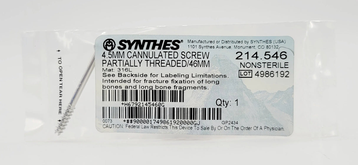Synthes 214.546 4.5MM CANNULATED SCREW PARTIALLY THREADED/46MM Synthes