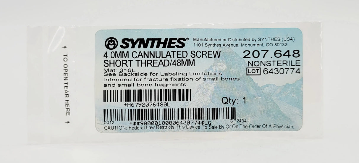 Synthes 207.648 4.0mm Cannulated Screw Short Thread/48mm Synthes