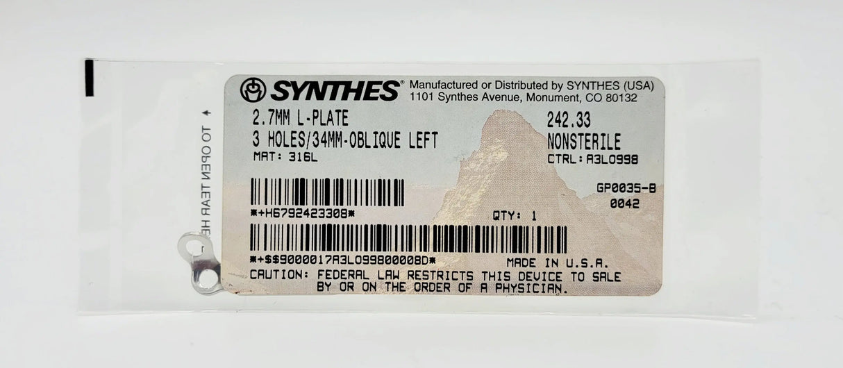 Synthes 242.33 2.7MM L-PLATE 3 HOLES/34MM-OBLIQUE LEFT Synthes