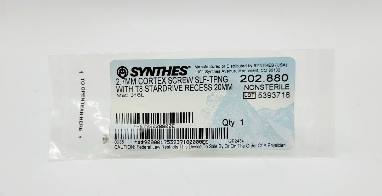 Synthes 202.880 2.7mm Cortex Screw Self-tapping With T8 Stardrive Recess 20mm Synthes