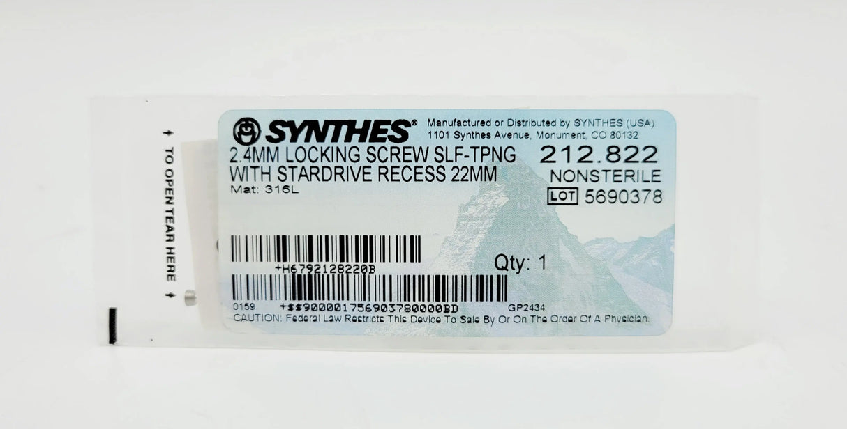 Synthes 212.822 2.4mm Locking Screw Self-tapping W/ Stardrive Recess 22mm Synthes
