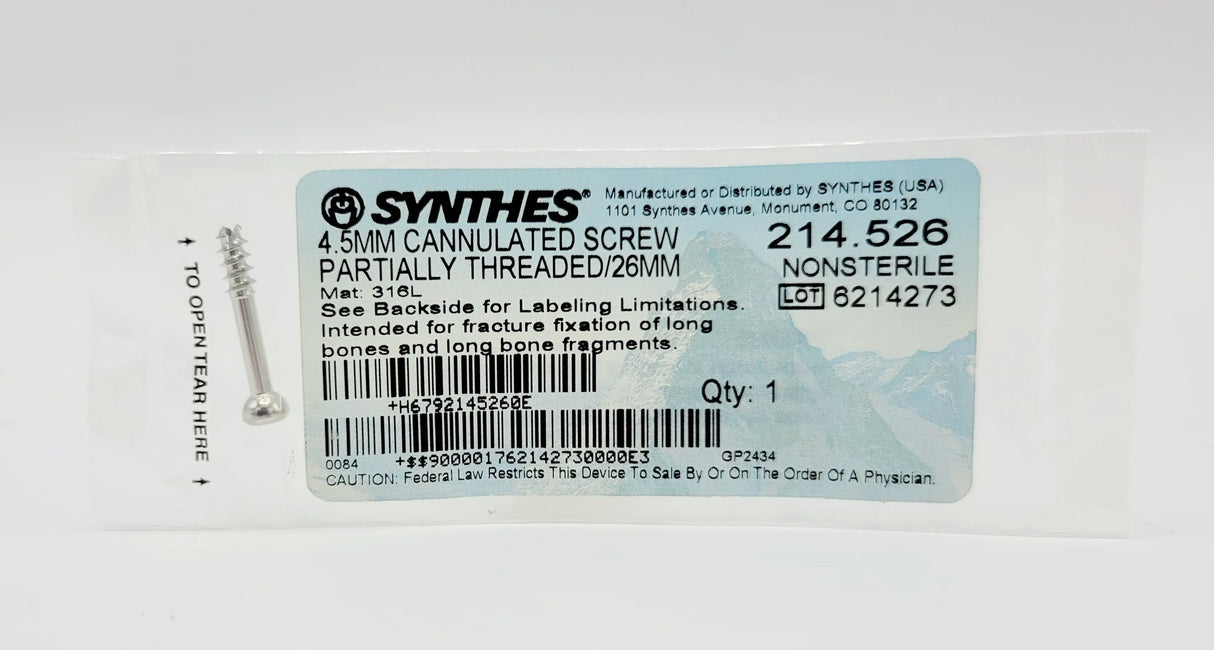 Synthes 214.526 4.5MM CANNULATED SCREW PARTIALLY THREADED/26MM Synthes