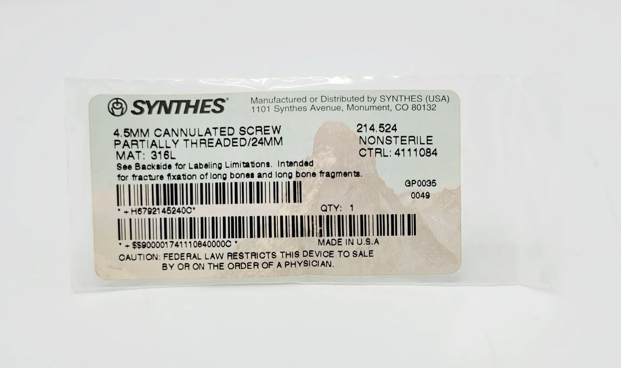 Synthes 214.524 4.5mm Cannulated Screw Partially Threaded/24mm Synthes