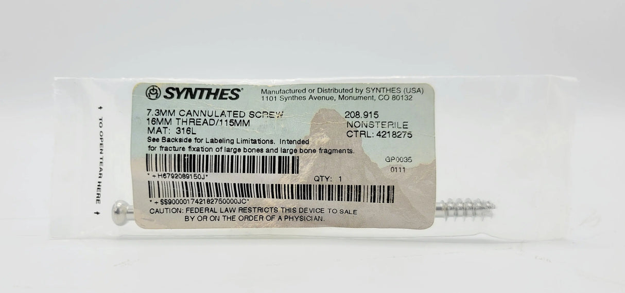 Synthes 208.915 7.3mm Cannulated Screw 16mm Thread/115mm Synthes
