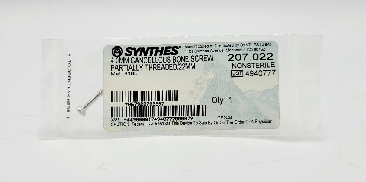 Synthes 207.022 4.0mm Cancellous Bone Screw Partially Threaded/22mm Synthes