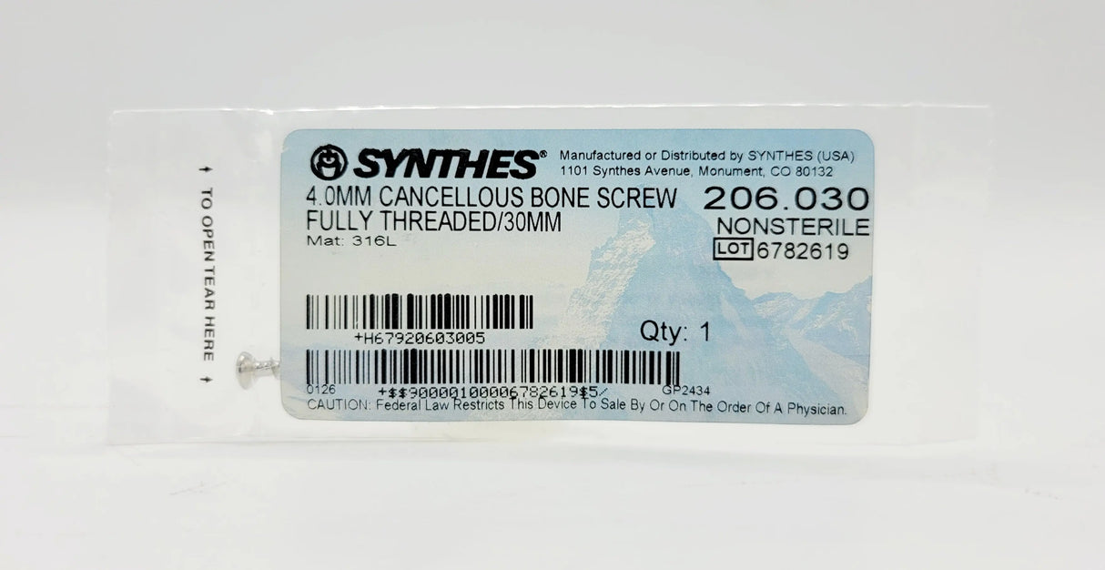 Synthes 206.030 4.0mm Cancellous Bone Screw Fully Threaded/30mm Synthes
