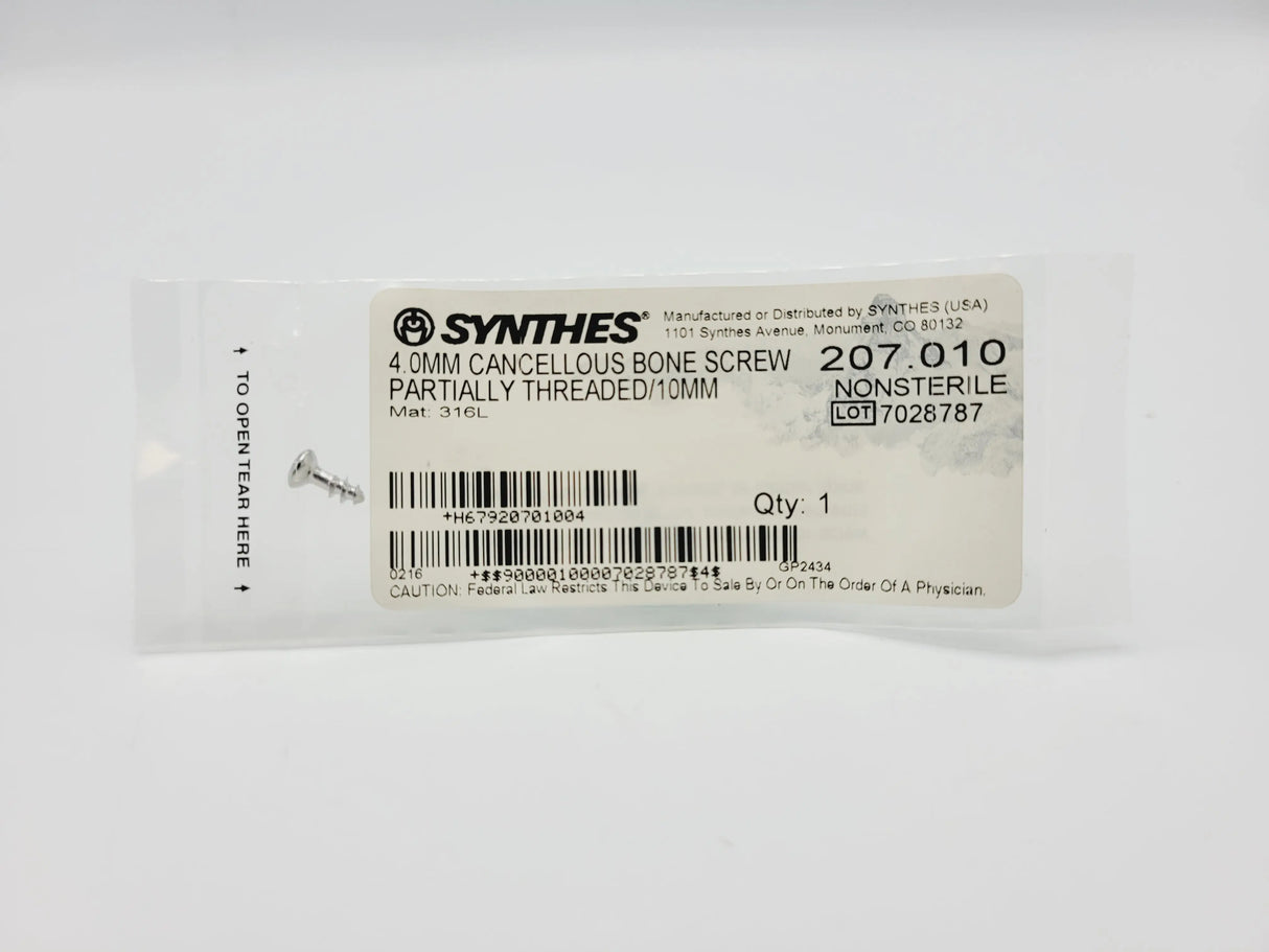 Synthes 207.010 4.0mm Cancellous Bone Screw Partially Threaded/10mm Synthes