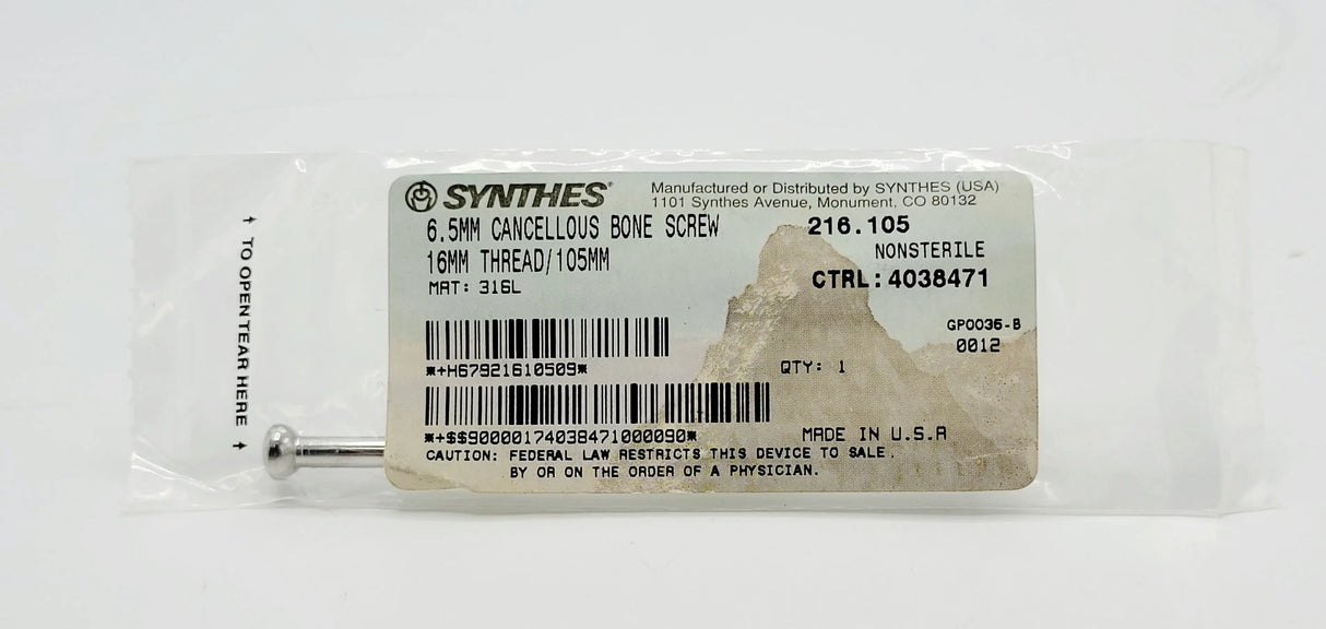 Synthes 216.105 6.5mm Cancellous Bone Screw 16mm Thread/105mm Synthes