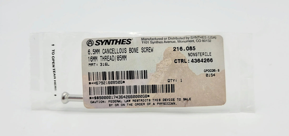 Synthes 216.085 6.5mm Cancellous Bone Screw 16mm Thread/85mm Synthes