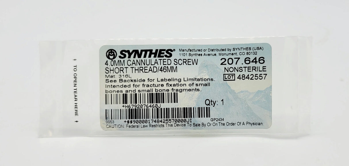 Synthes 207.646 4.0mm Cannulated Screw Short Thread/46mm Synthes
