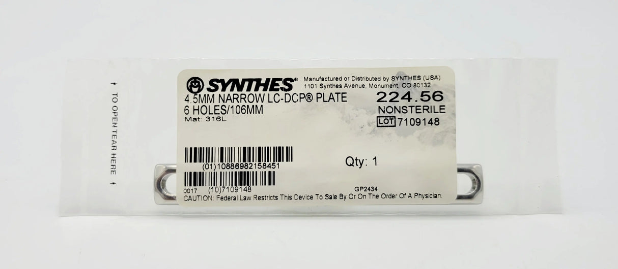 Synthes 224.56 4.5mm Narrow Lc-dcp Plate 6 Holes/106mm Synthes