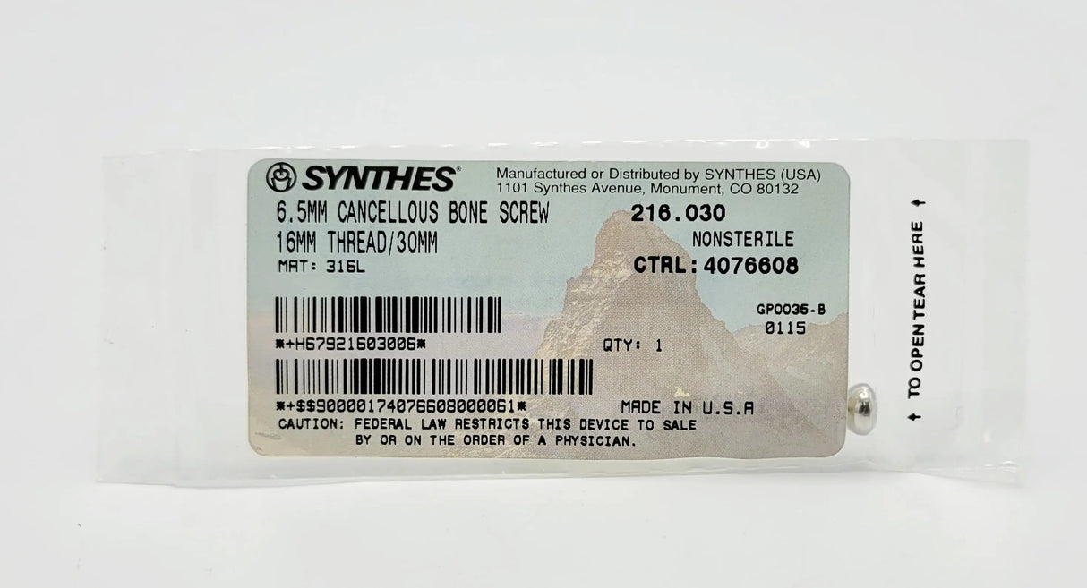 Synthes 216.030 6.5mm Cancellous Bone Screw 16mm Thread/30mm Synthes
