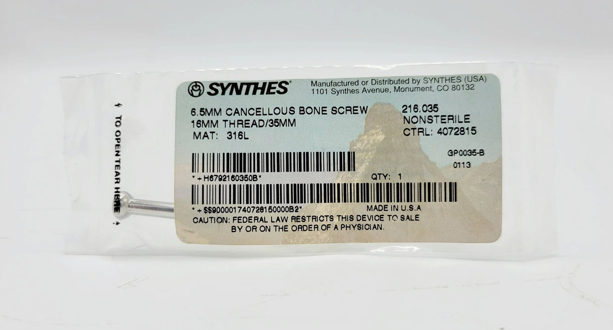 Synthes 216.035 6.5mm Cancellous Bone Screw 16mm Thread/35mm Synthes