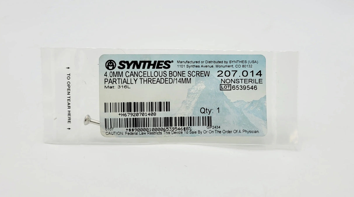 Synthes 207.014 4.0mm Cancellous Bone Screw Partially Threaded/14mm Synthes
