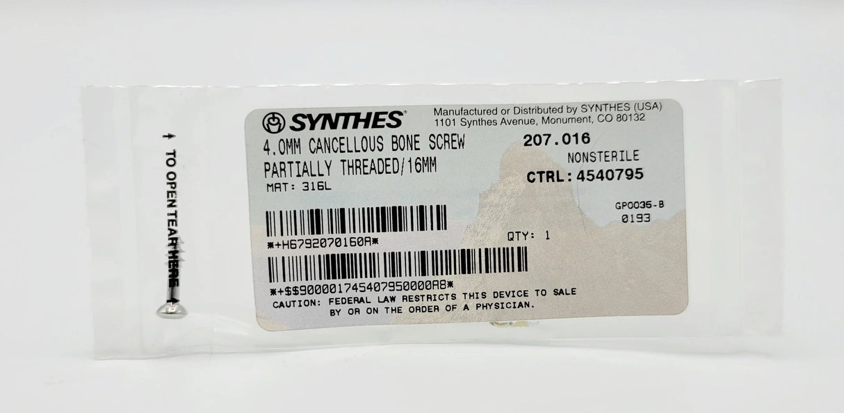 Synthes 207.016 4.0mm Cancellous Bone Screw Partially Threaded/16mm Synthes