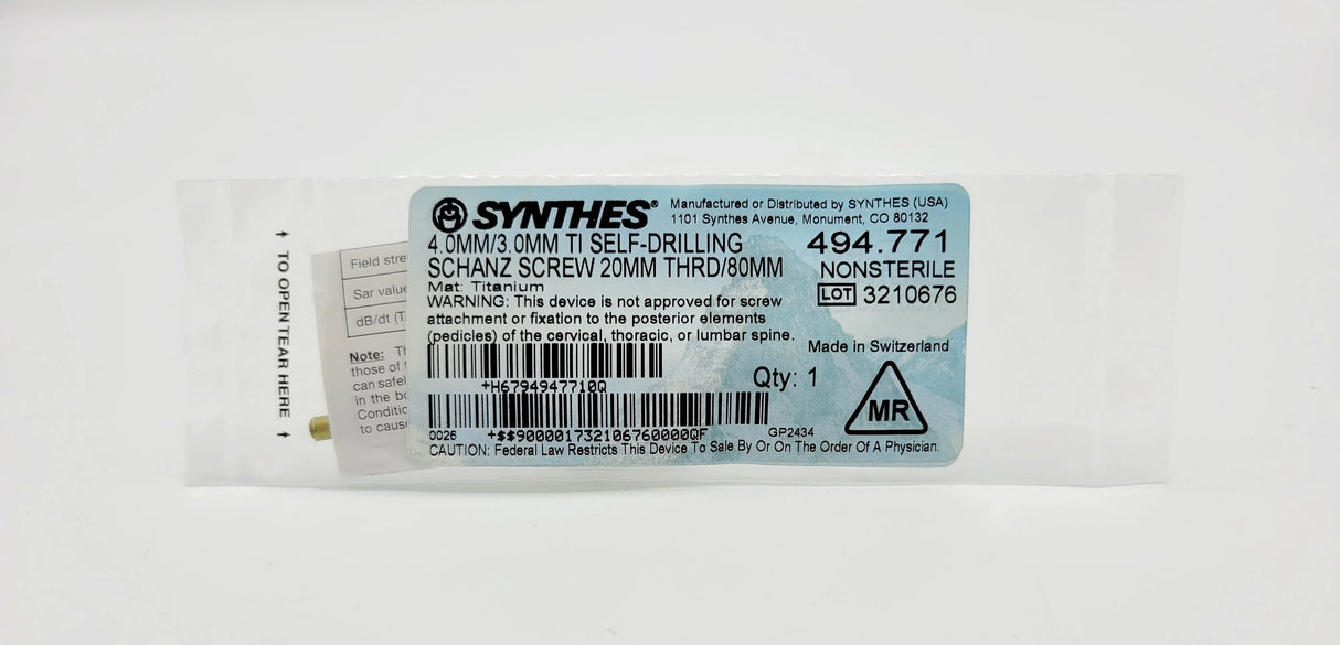 Synthes 494.771 4.0mm/3.0mm Titanium Self-drilling Schanz Screw 20mm Thread/80mm Synthes