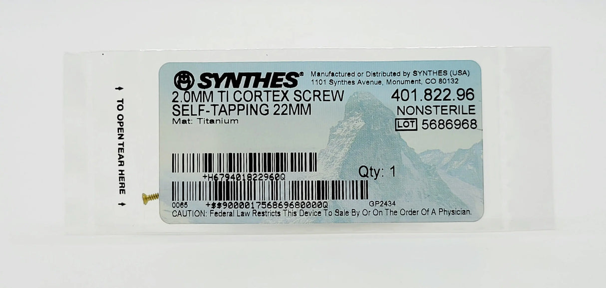 Synthes 401.822.96 2.0MM TI CORTEX SCREW SELF-TAPPING 22MM Synthes