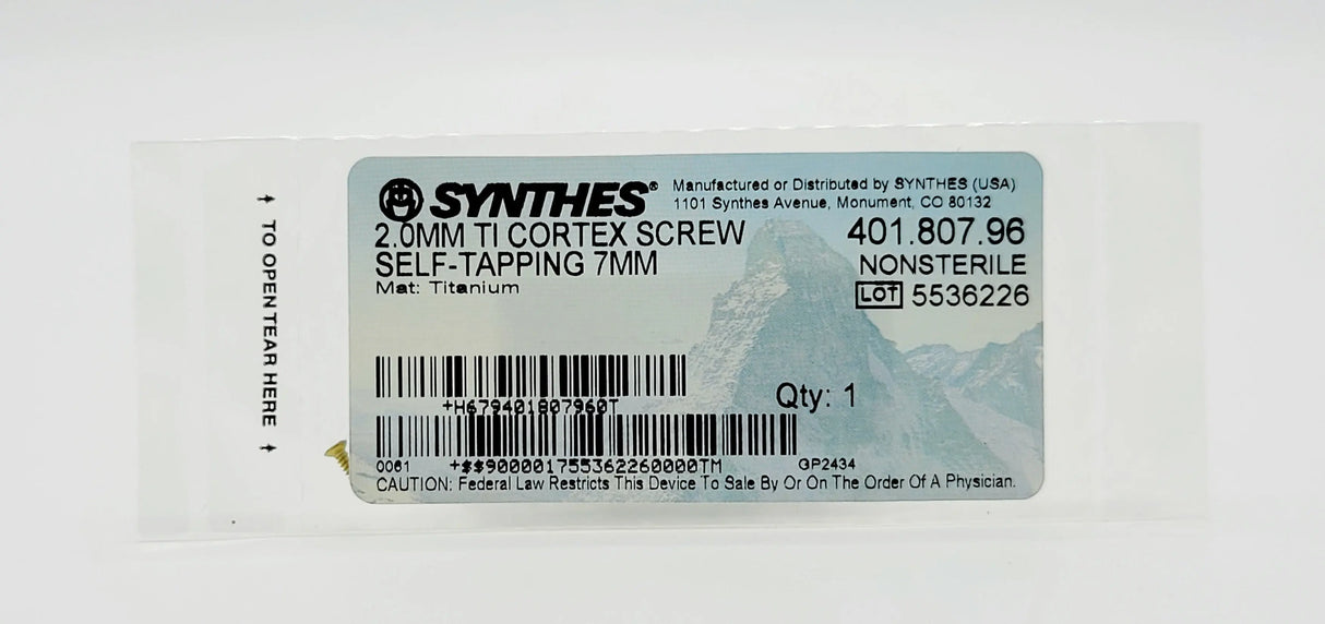 Synthes 401.807.96 2.0MM TI CORTEX SCREW SELF-TAPPING 7MM Synthes