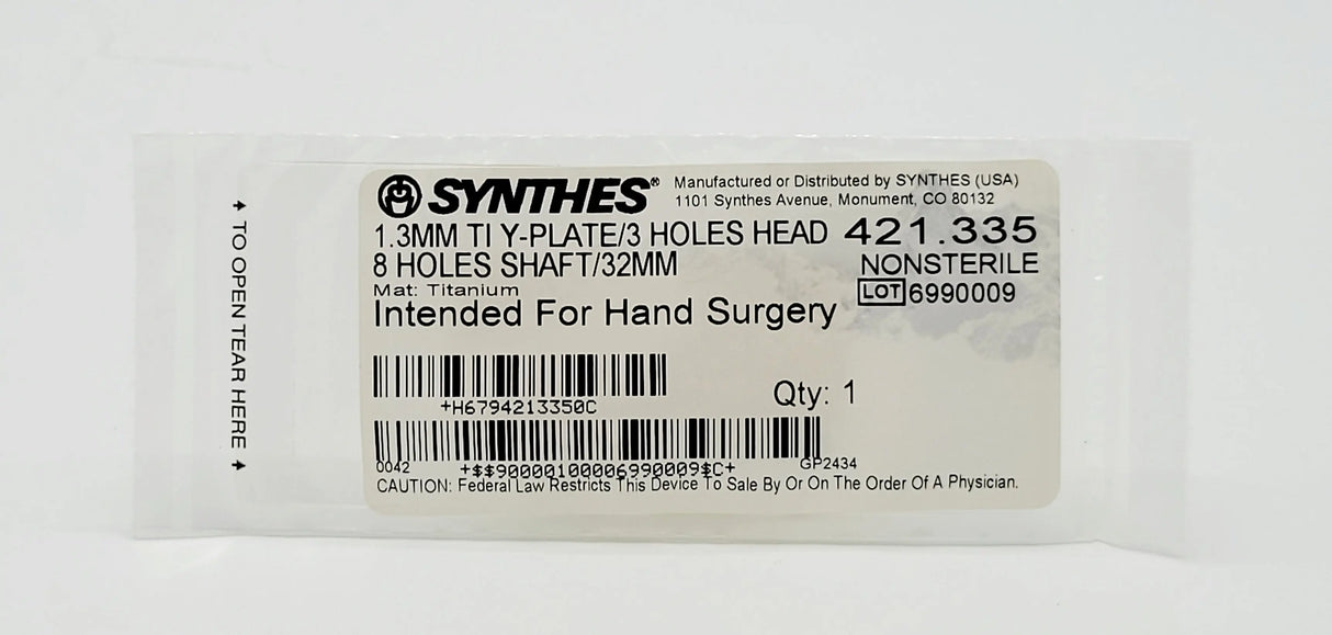 Synthes 421.335 1.3MM TI Y-PLATE/3 HOLES HEAD 8 HOLES SHAFT/32MM Synthes