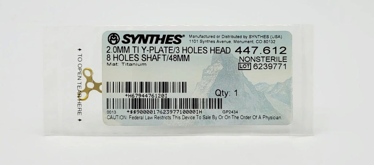 Synthes 447.612 2.0mm TI Y-Plate 3 Holes Head 8 Holes Shaft 48mm Synthes