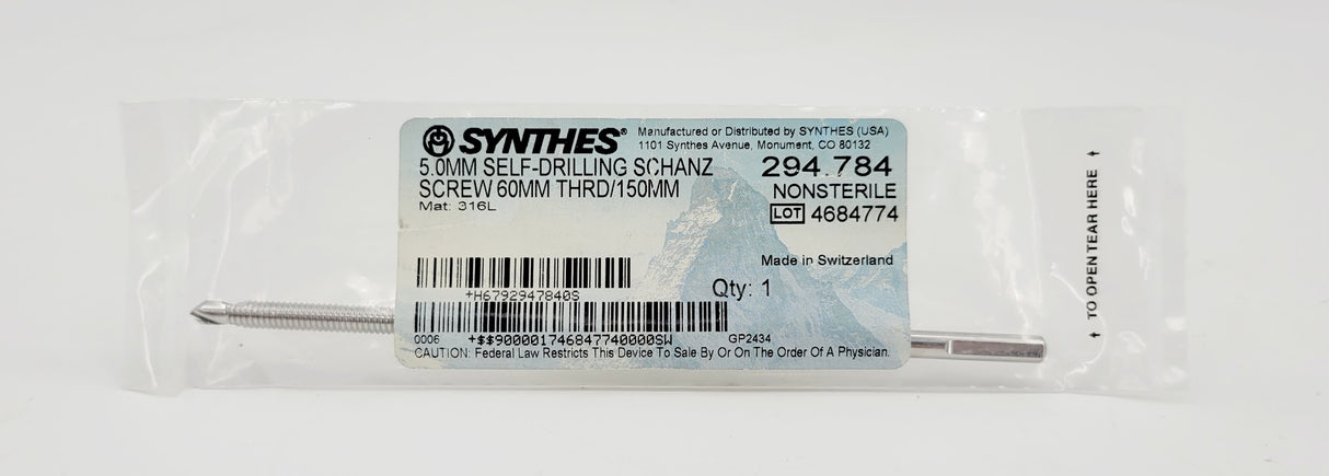Synthes 294.784 5.0mm Self Drilling Schanz Screw 60mm Thread 150mm