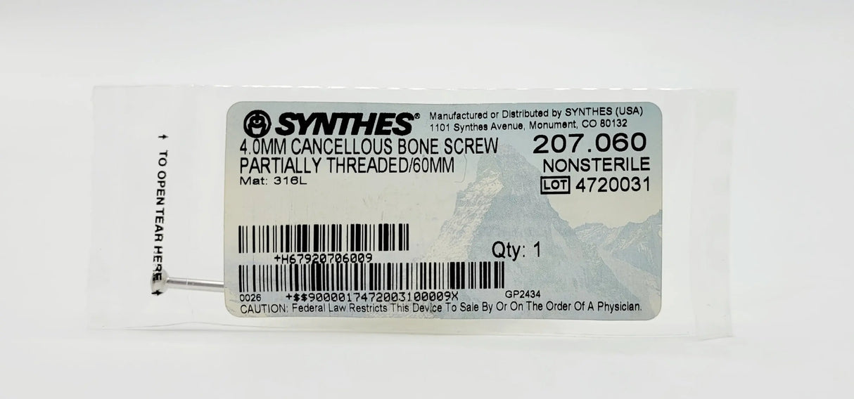 Synthes 207.060 4.0MM CANCELLOUS BONE SCREW PARTIALLY THREADED/60MM Synthes