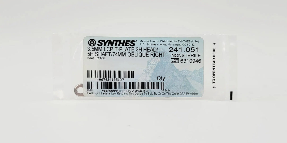 Synthes 241.051 3.5mm LCP T-Plate 3H Head 5H Shaft 74mm Oblique Right Synthes