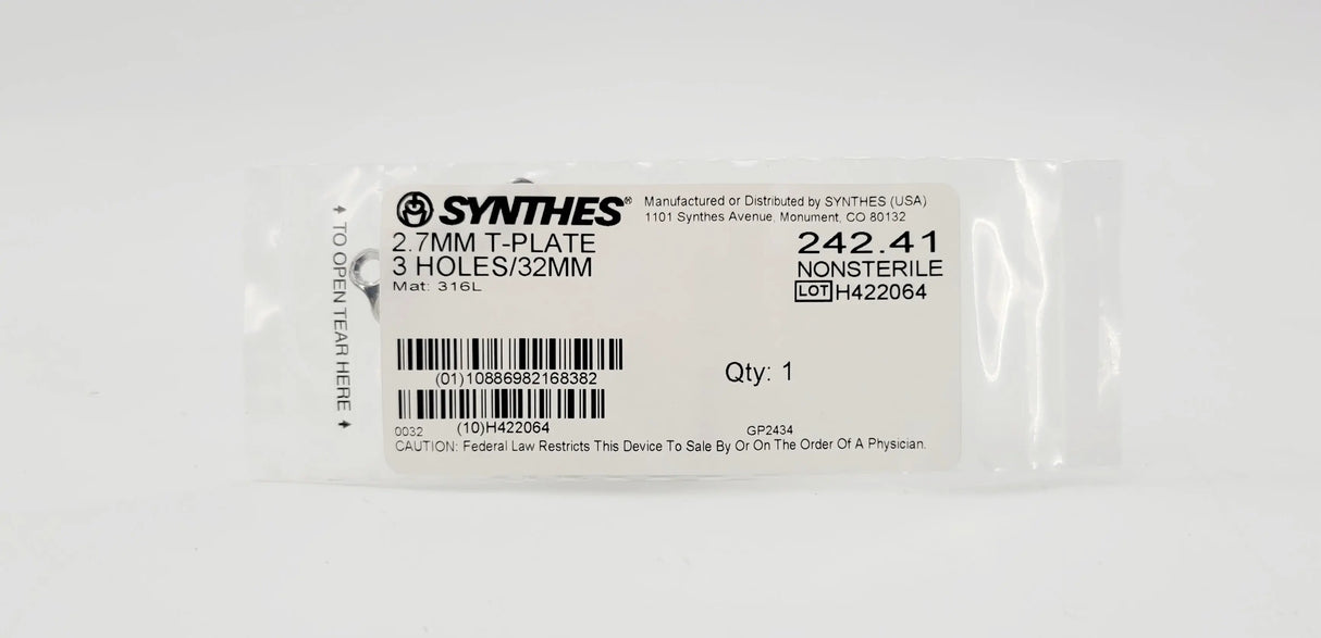 Synthes 242.41 2.7MM T-PLATE 3 HOLES/32MM Synthes
