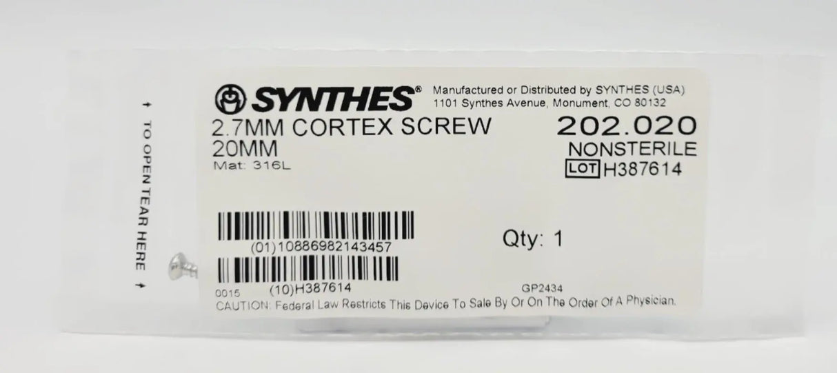 Synthes 202.020 2.7mm Cortex Screw 20mm Synthes