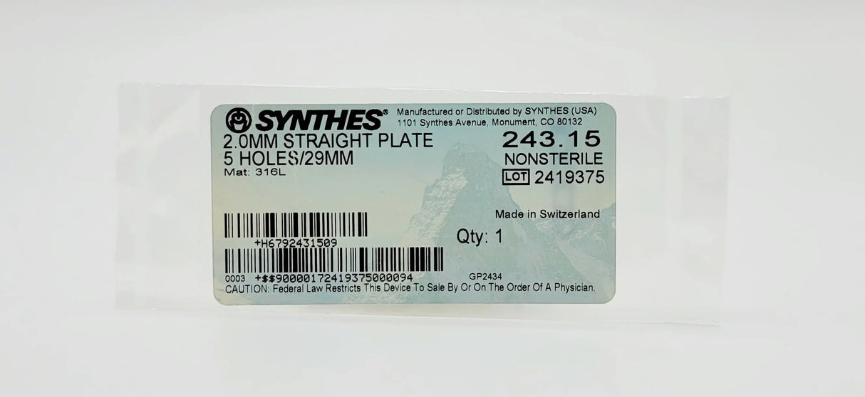 Synthes 243.15 2.0MM STRAIGHT PLATE 5 HOLES/29MM Synthes