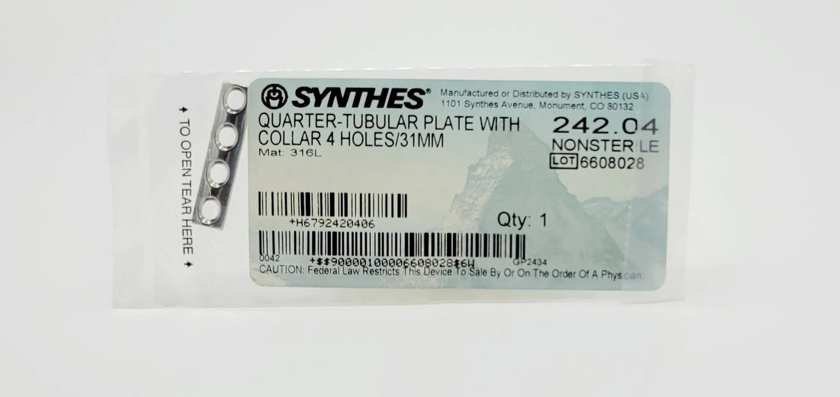 Synthes 242.04 QUARTER-TUBULAR PLATE WITH COLLAR 4 HOLES/31MM Synthes