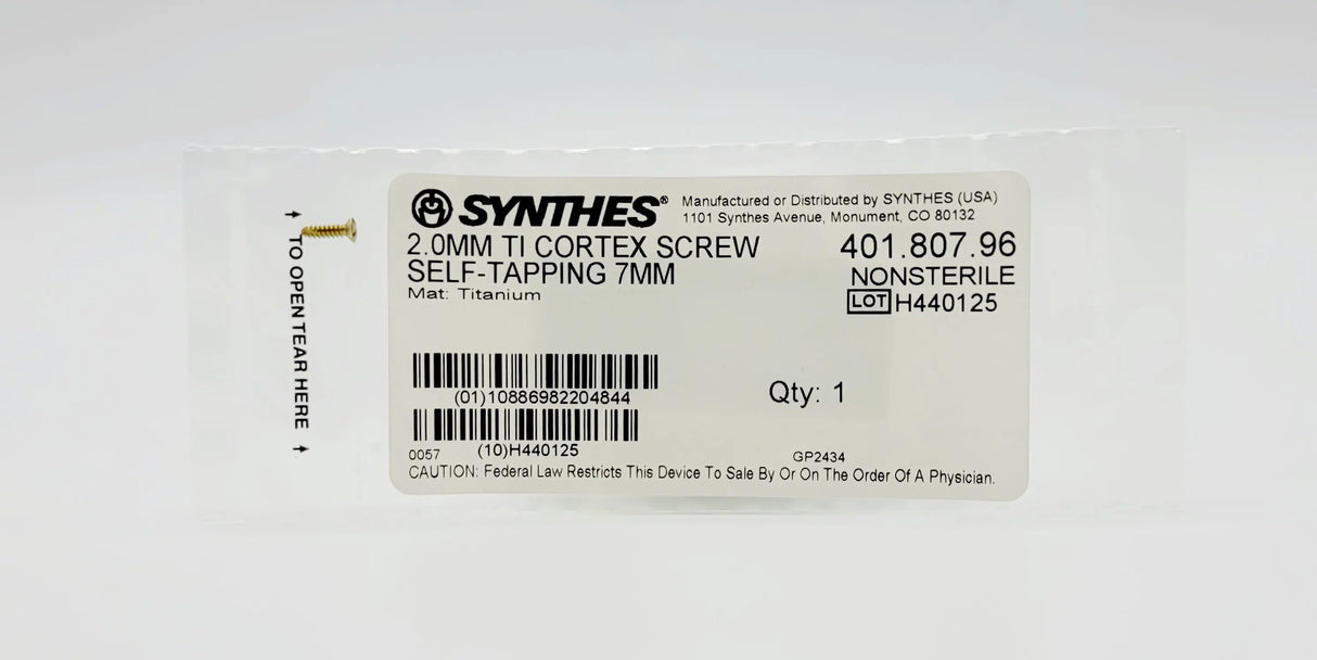 Synthes 401.807.96 2.0MM TI CORTEX SCREW SELF-TAPPING 7MM Synthes