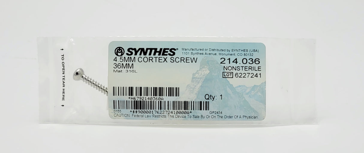 Synthes 214.036 Cortex Screw 4.5mm x 36mm 1/EA