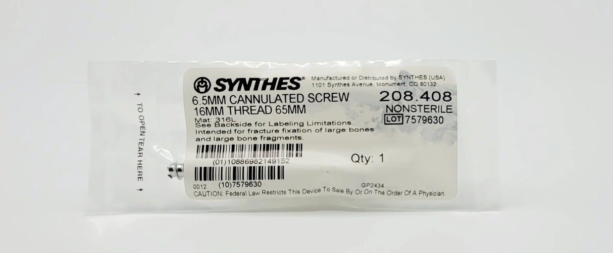 Synthes 208.408 6.5MM CANNULATED SCREW 16MM THREAD 65MM Synthes