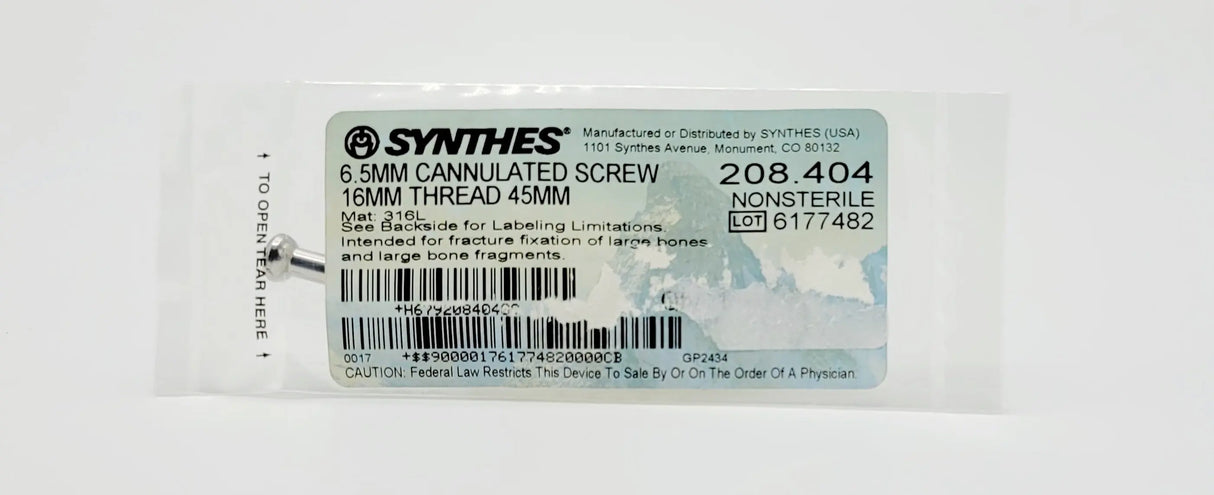 Synthes 208.404 6.5MM CANNULATED SCREW 16MM THREAD 45MM Synthes
