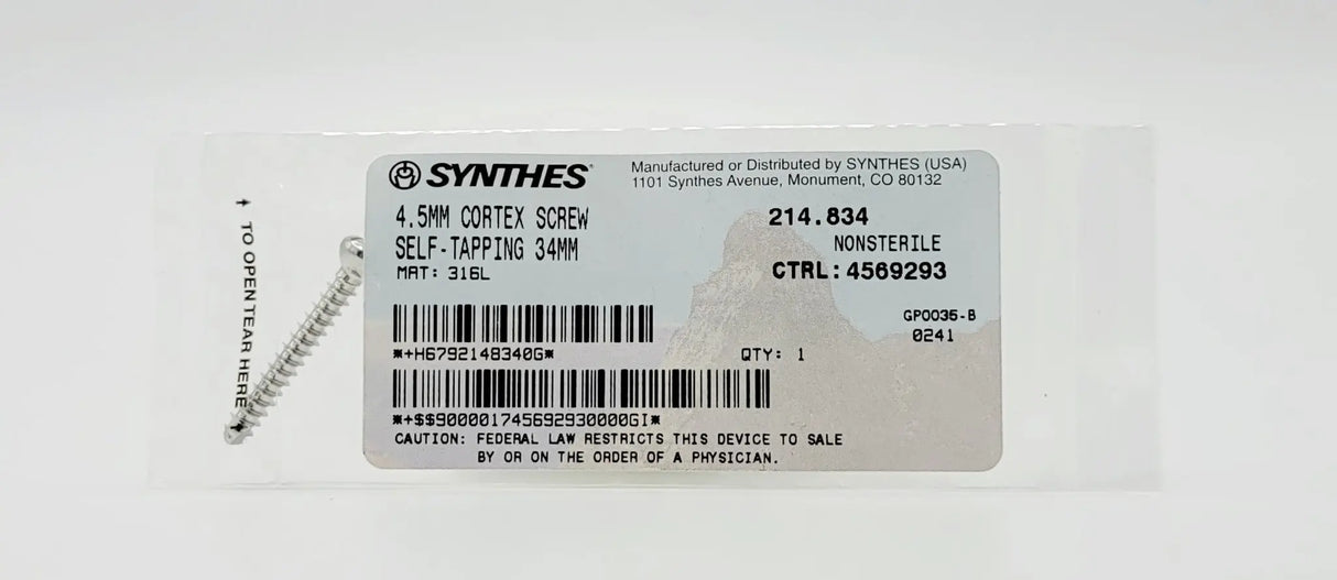 Synthes 214.834 4.5mm Cortex Screw Self-Tapping 34mm Synthes