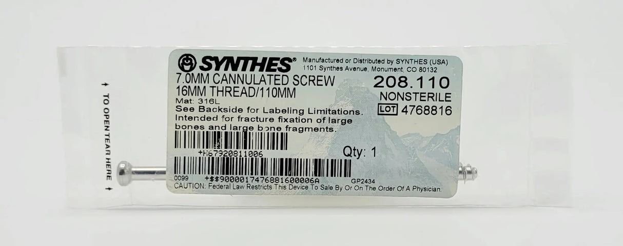 Synthes 208.110 7.0mm Cannulated Screw 16mm Thread 110mm Synthes