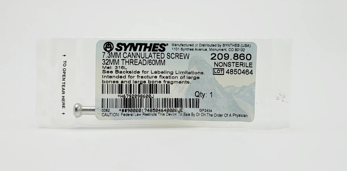 Synthes 209.860 7.3mm Cannulated Screw 32mm Thread/60mm Synthes