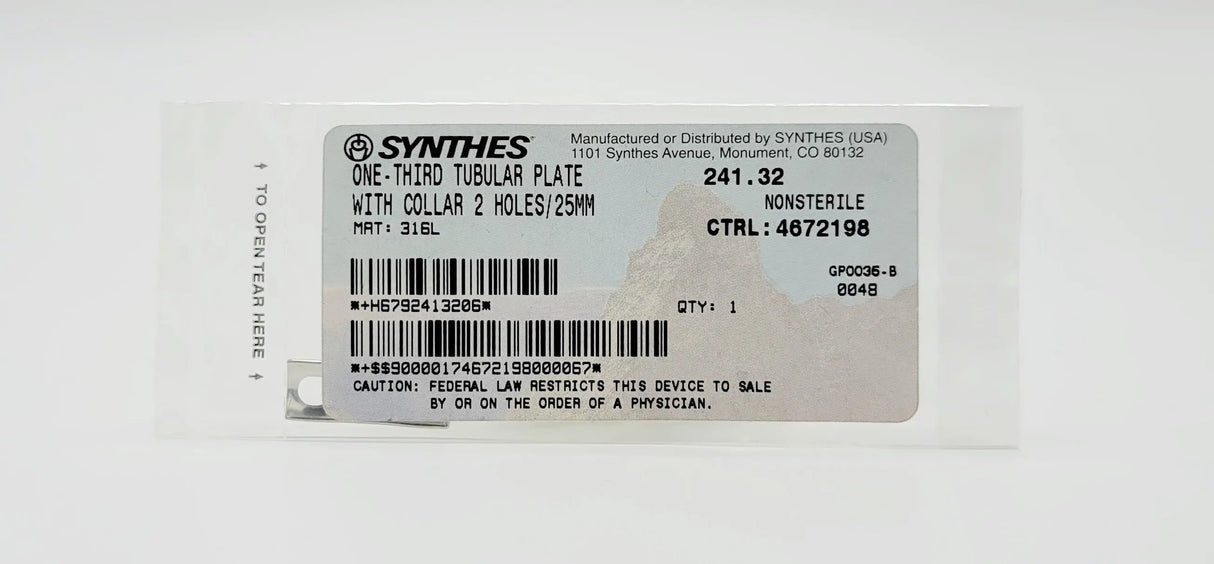 Synthes 241.32 One-third Tubular Plate With Collar 2 Holes/25mm Synthes