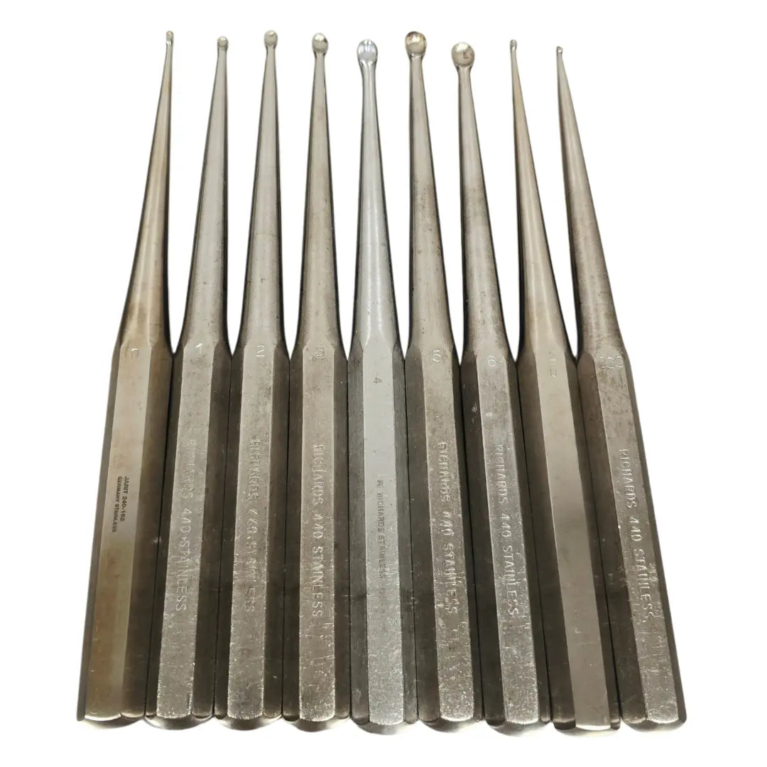 Richards 11-0308 Autoclavable Hexagonal Handle Orthopaedic Surgical Curettes Set (9 Pieces: Sizes #000 to #6) Richards