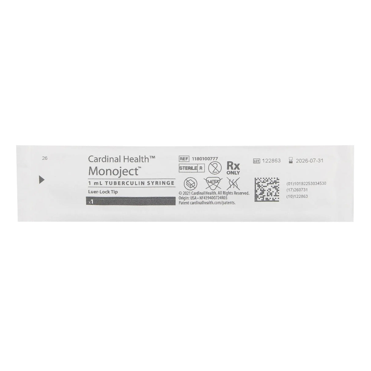 Cardinal Health 1180100777 1mL Tuburculin Syringe w/ Luer-Lock Tip Box of 60 Cardinal Health